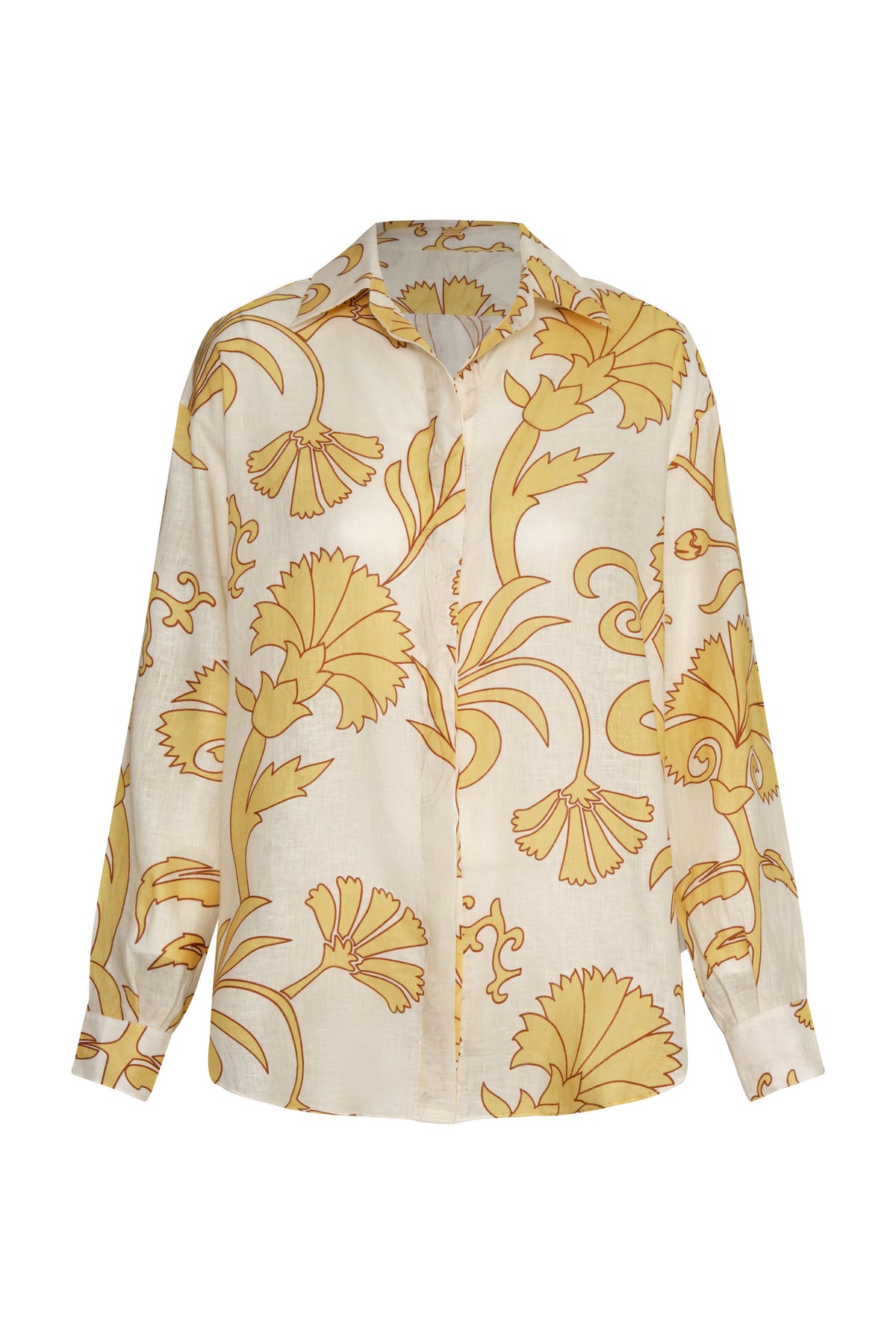 Front view of Jill Linen Shirt in Yellow Flowers showcasing embroidered floral detail with a white background