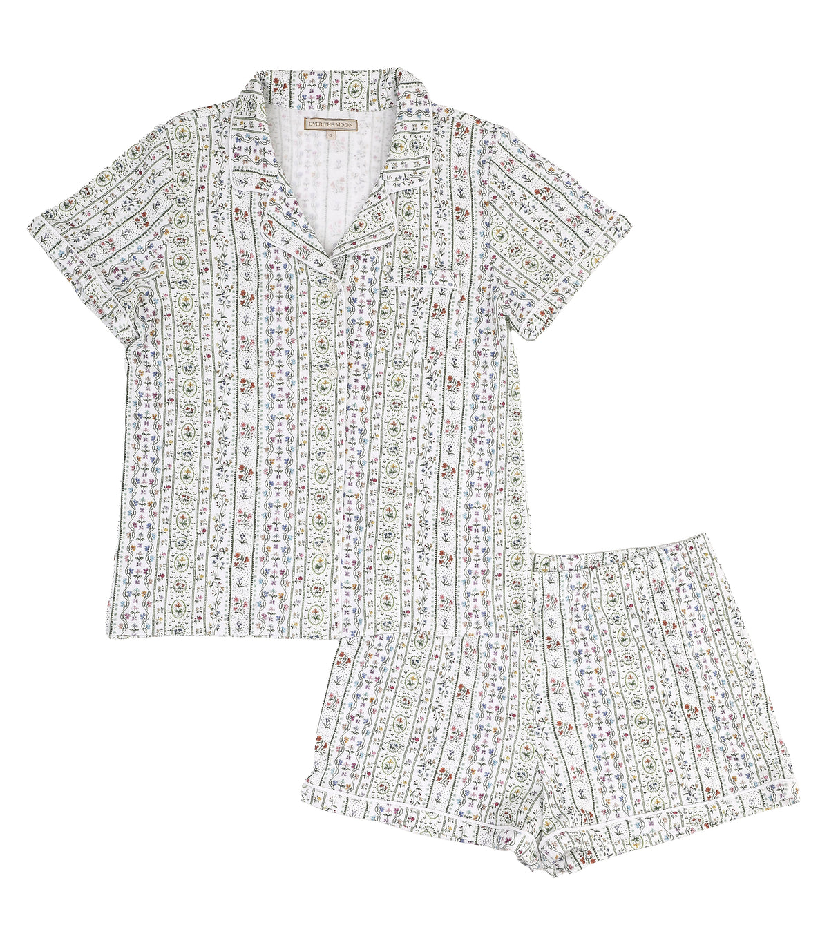 Front view of Women’s Garden Party Short Pajama Set with short-sleeve collared top and matching floral-print shorts on white background