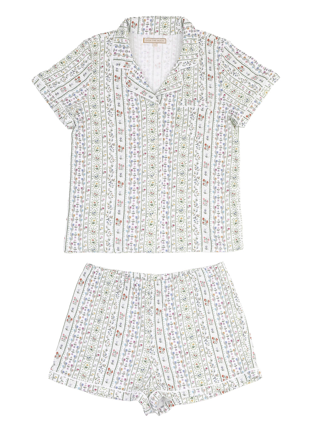 Front view of Women’s Garden Party Short Pajama Set showcasing a floral print with a white background