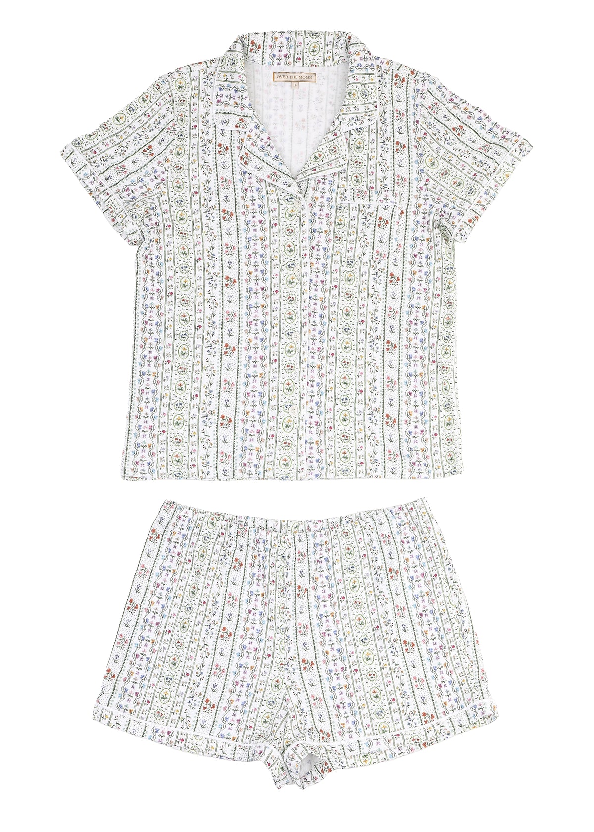 Front view of Women’s Garden Party Short Pajama Set showcasing a floral print with a white background