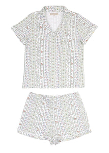 Front view of Women’s Garden Party Short Pajama Set showcasing a floral print with a white background