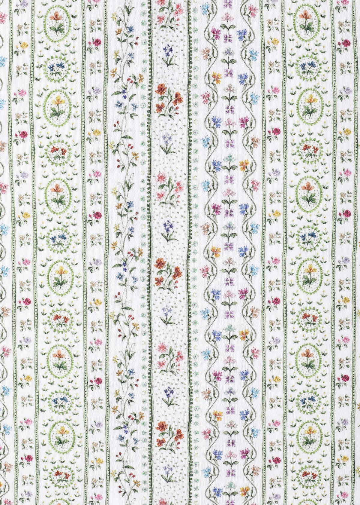 Close-up of children’s garden party pajama set showcasing a floral striped print on a white background