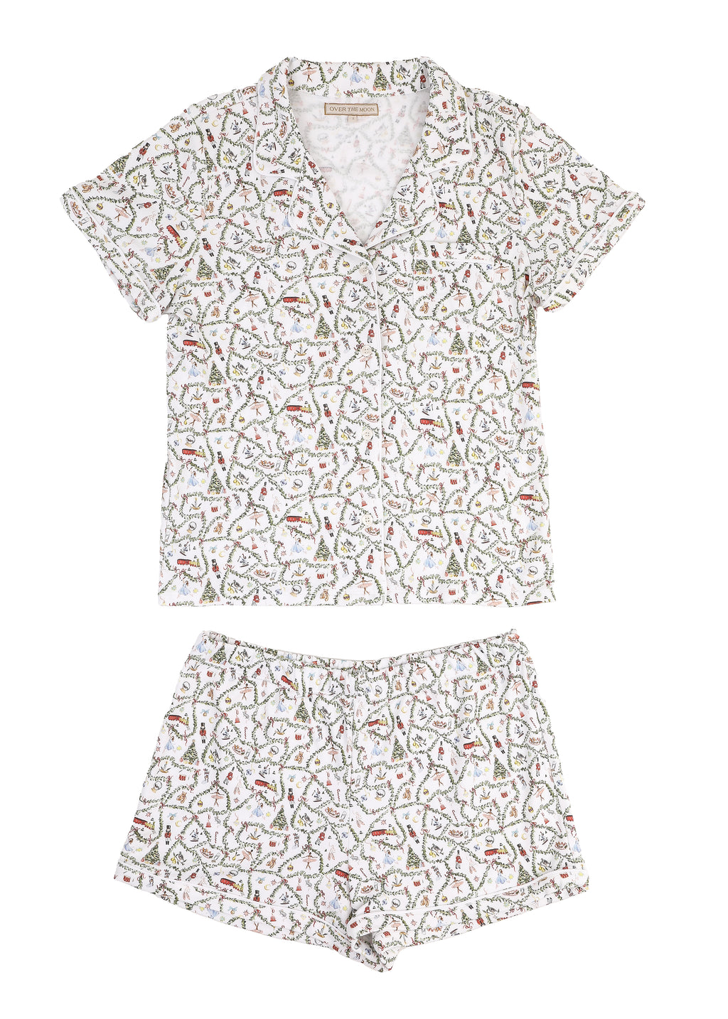 Front view of Women’s Nutcracker Suite short pajama set showcasing matching short-sleeve top and shorts with a white background