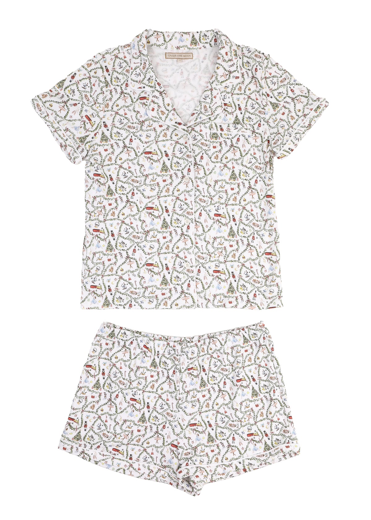 Front view of Women’s Nutcracker Suite short pajama set showcasing matching short-sleeve top and shorts with a white background