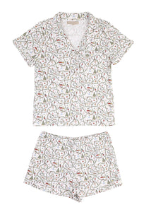 Front view of Women’s Nutcracker Suite short pajama set showcasing matching short-sleeve top and shorts with a white background
