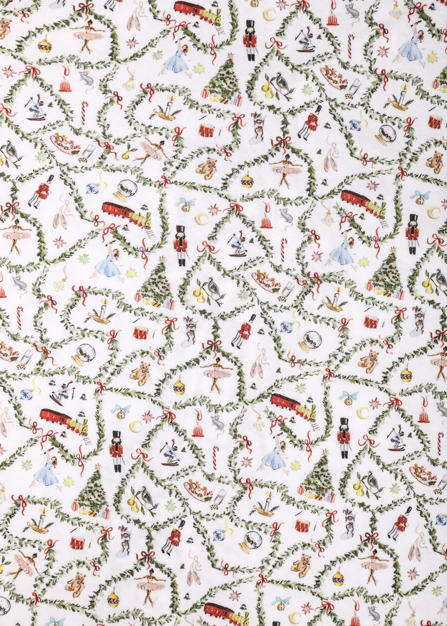 Close-up of Women’s Nutcracker Suite Short Pajama Set showcasing its holiday print on a white background
