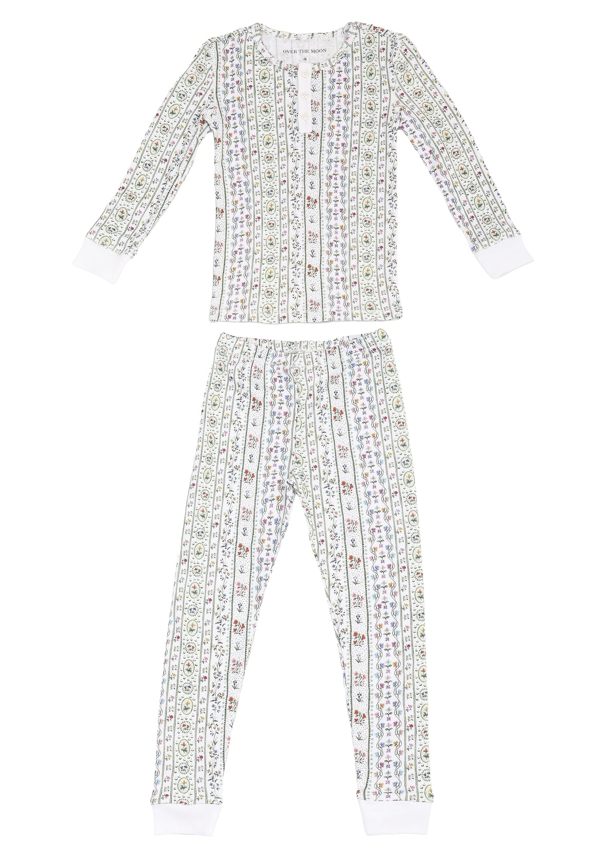 Front view of children’s Garden Party pajama set showcasing a printed long-sleeve top and matching pants on a white background