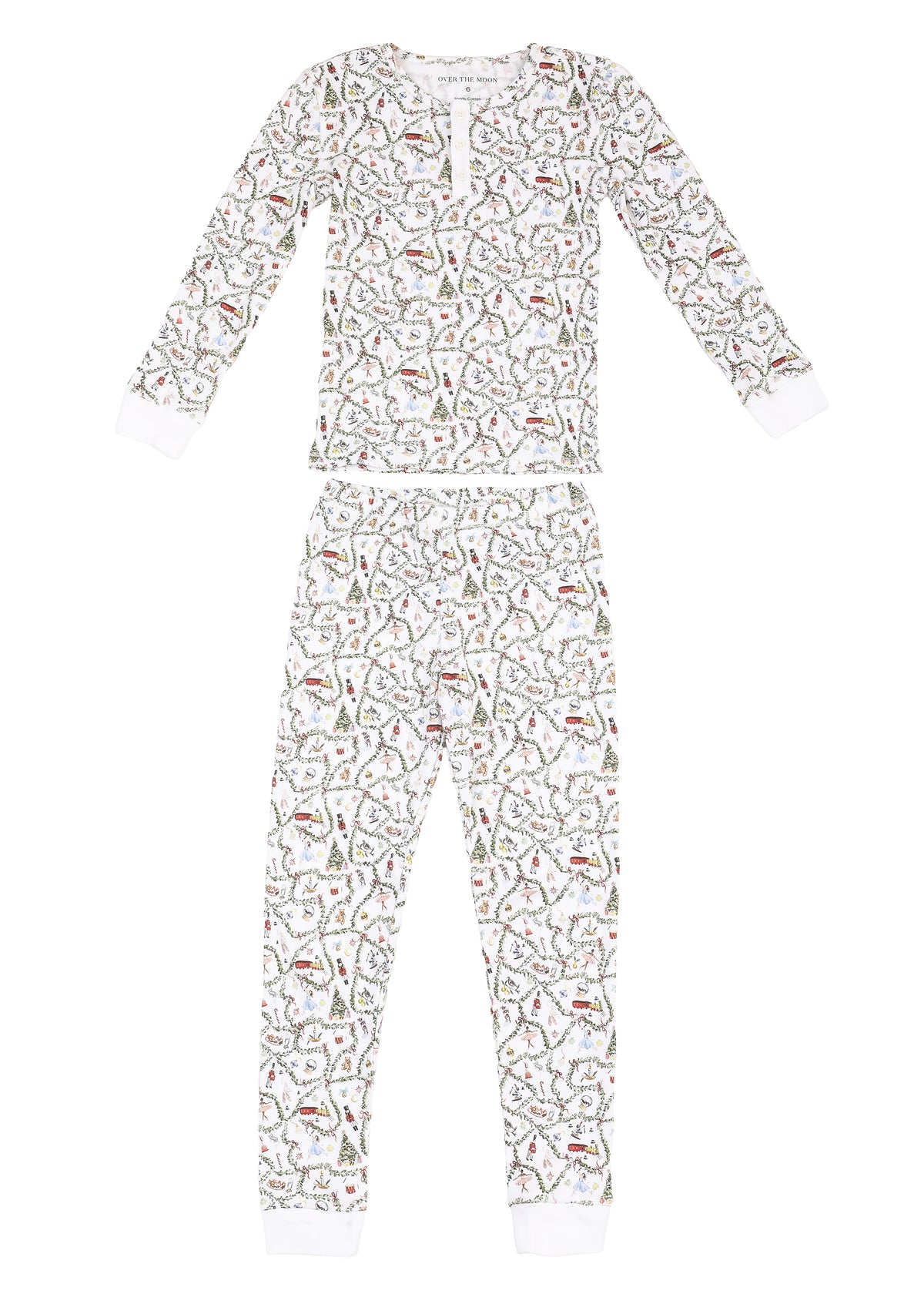 Front view of Children’s Nutcracker Suite Pajama Set showcasing an allover Nutcracker print on a white background
