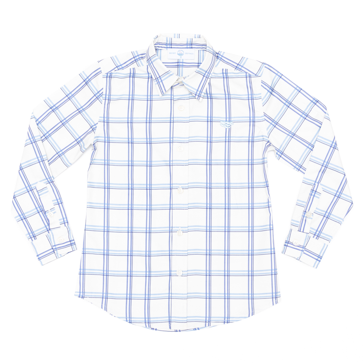 Front flat lay of Bennett Button Down in Prescott Plaid showcasing ivory shirt with blue plaid pattern on white background
