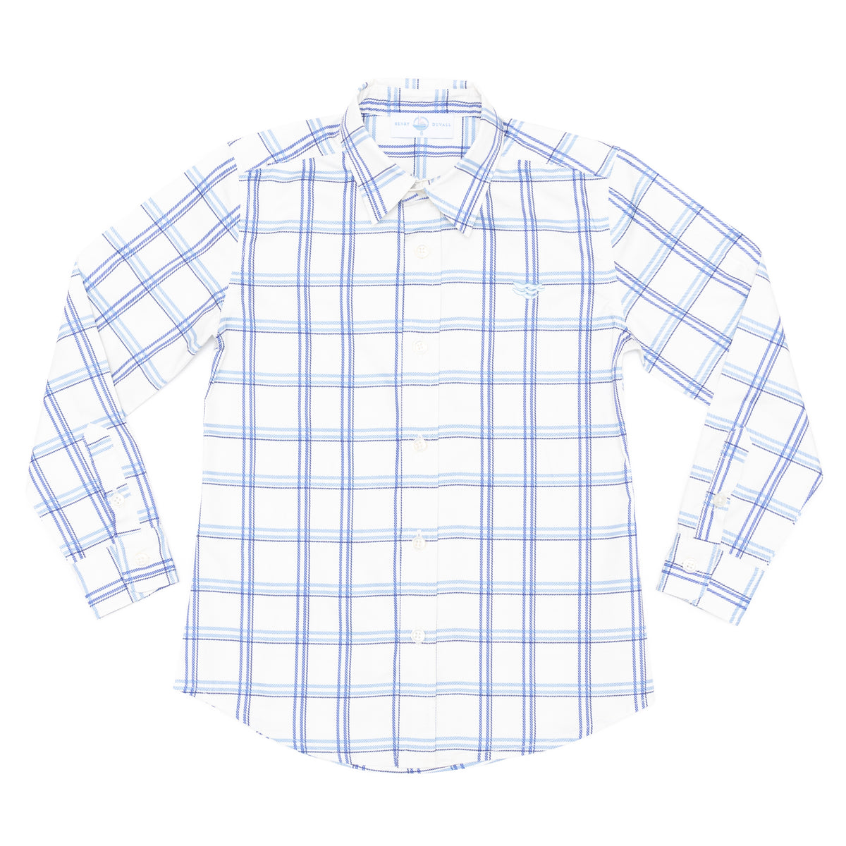Henry Duvall Bennett Button Down in Prescott Plaid, classic boys fall dress shirt in crisp ivory and blue check, perfect for pairing with velvet trousers and coordinating sibling styles