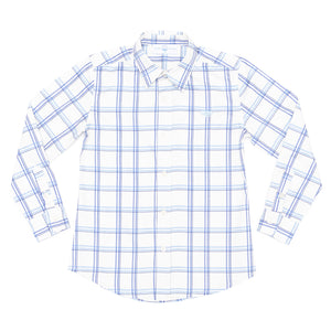 Henry Duvall Bennett Button Down in Prescott Plaid, classic boys fall dress shirt in crisp ivory and blue check, perfect for pairing with velvet trousers and coordinating sibling styles