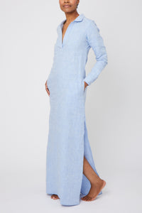Long Linen Shirt Dress in Light Blue