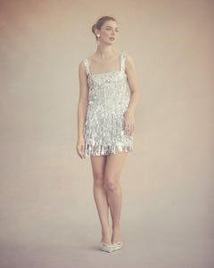 Elsa Dress in Ivory Silk Wool with Silver Fringe