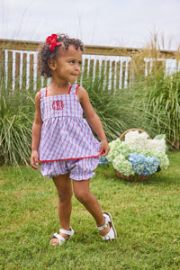 Little English traditional children's clothing.  Patriotic red and blue plaid two-piece set for baby girls.  Tank top with red ricrac trim and matching ruffled bloomers.  4th of July outfit for baby girls