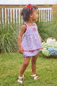 Little English traditional children's clothing.  Patriotic red and blue plaid two-piece set for baby girls.  Tank top with red ricrac trim and matching ruffled bloomers.  4th of July outfit for baby girls