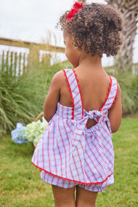 Little English traditional children's clothing.  Patriotic red and blue plaid two-piece set for baby girls.  Tank top with red ricrac trim and matching ruffled bloomers.  4th of July outfit for baby girls