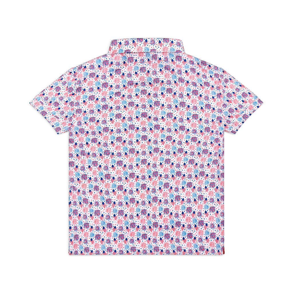 Henry Duvall boys patriotic performance polo with red white and blue fireworks and flag print, preppy UPF summer shirt for Memorial Day, 4th of July, and everyday wear