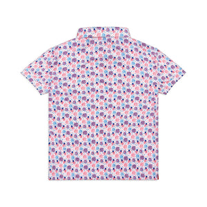 Henry Duvall boys patriotic performance polo with red white and blue fireworks and flag print, preppy UPF summer shirt for Memorial Day, 4th of July, and everyday wear