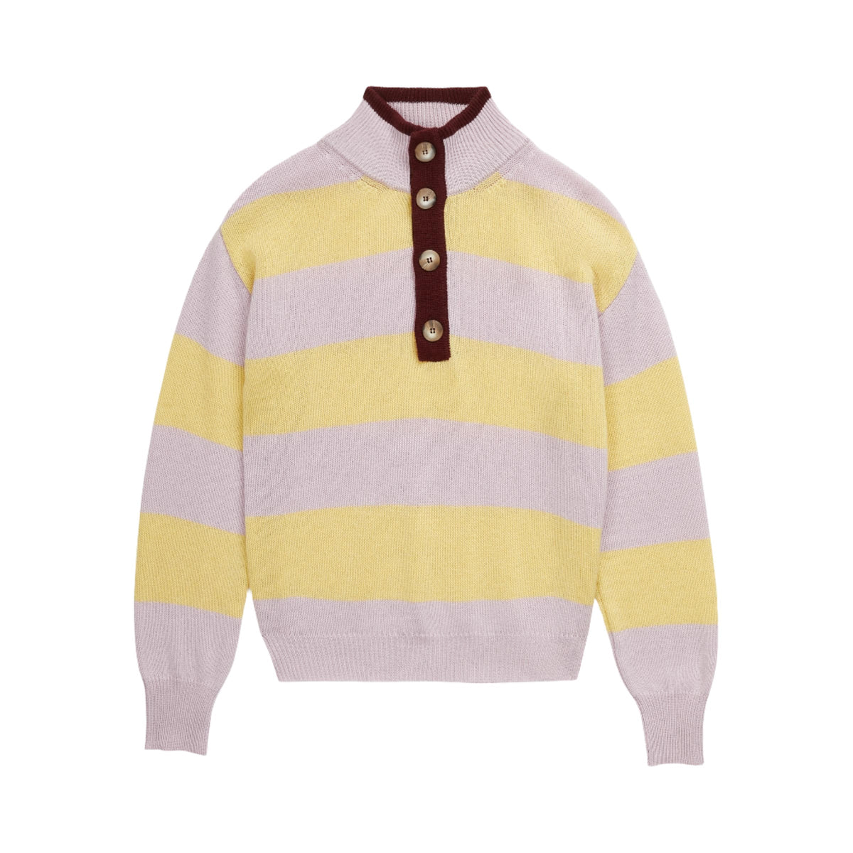 Front view of The Diana in Silver Iris/Sun showcasing bold stripes, deep lava contrast trim, and button placket on white background