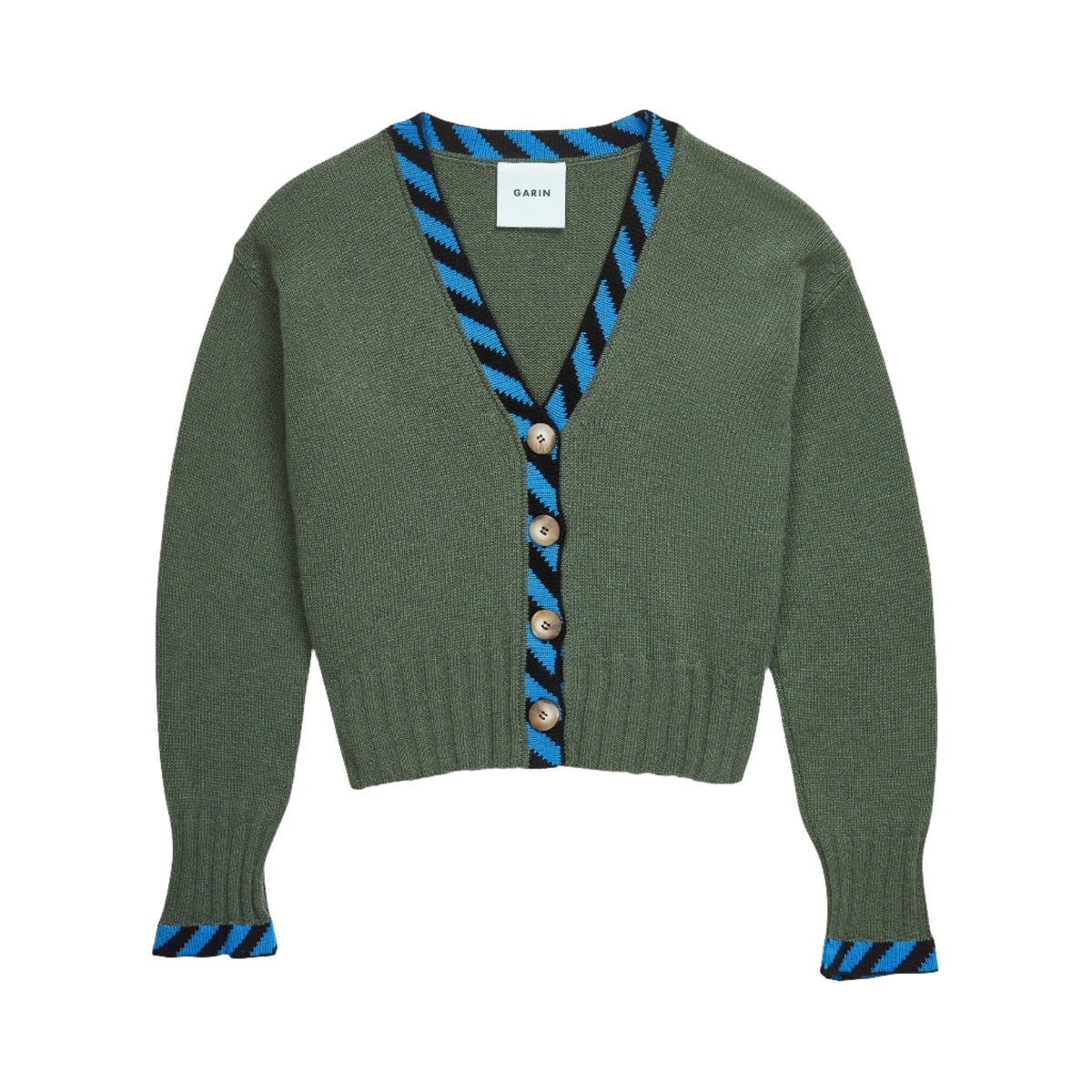 Front view of Cher Cardigan in Green showcasing blue and black contrast detailing and button front with white background