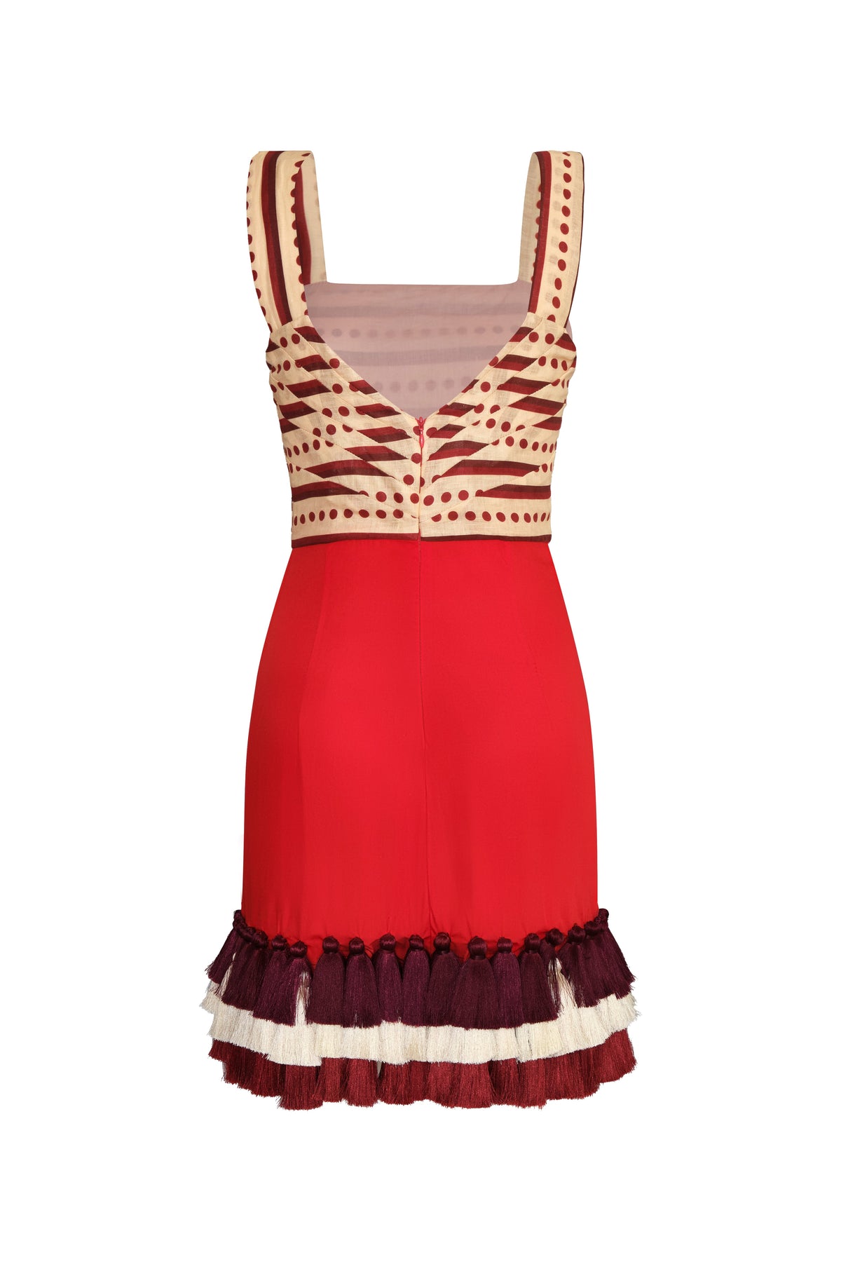 Micaela Linen Mini Dress in Red Stripes & Handmade Wine Tassels