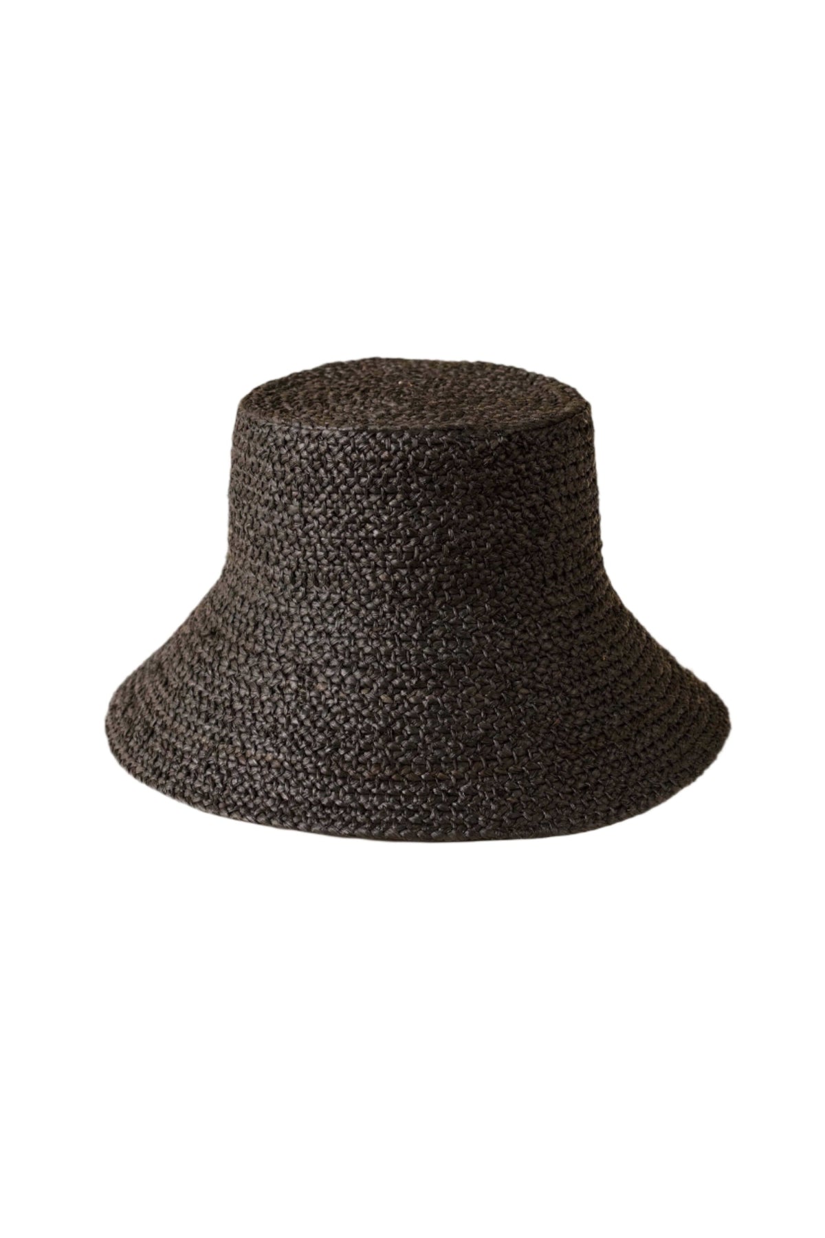 Front view of Raffia Bucket Hat in Black showcasing braided raffia and wide brim with a white background