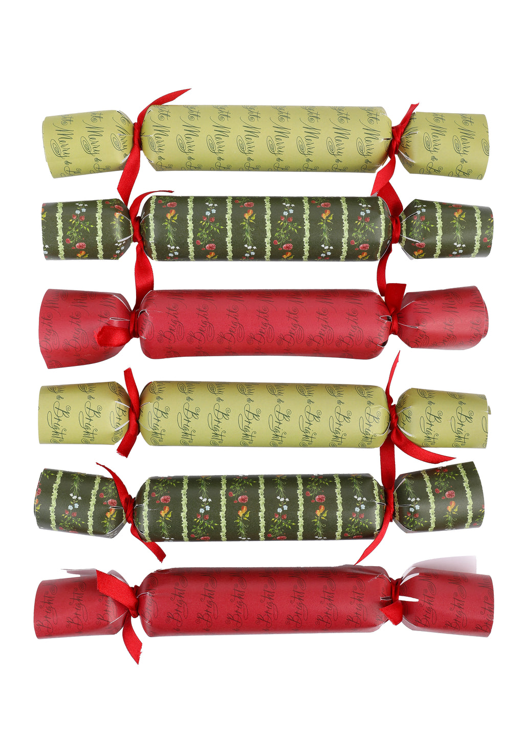 Top view of Christmas Party Crackers, Set of 6 showcasing red and green festive prints on a white background