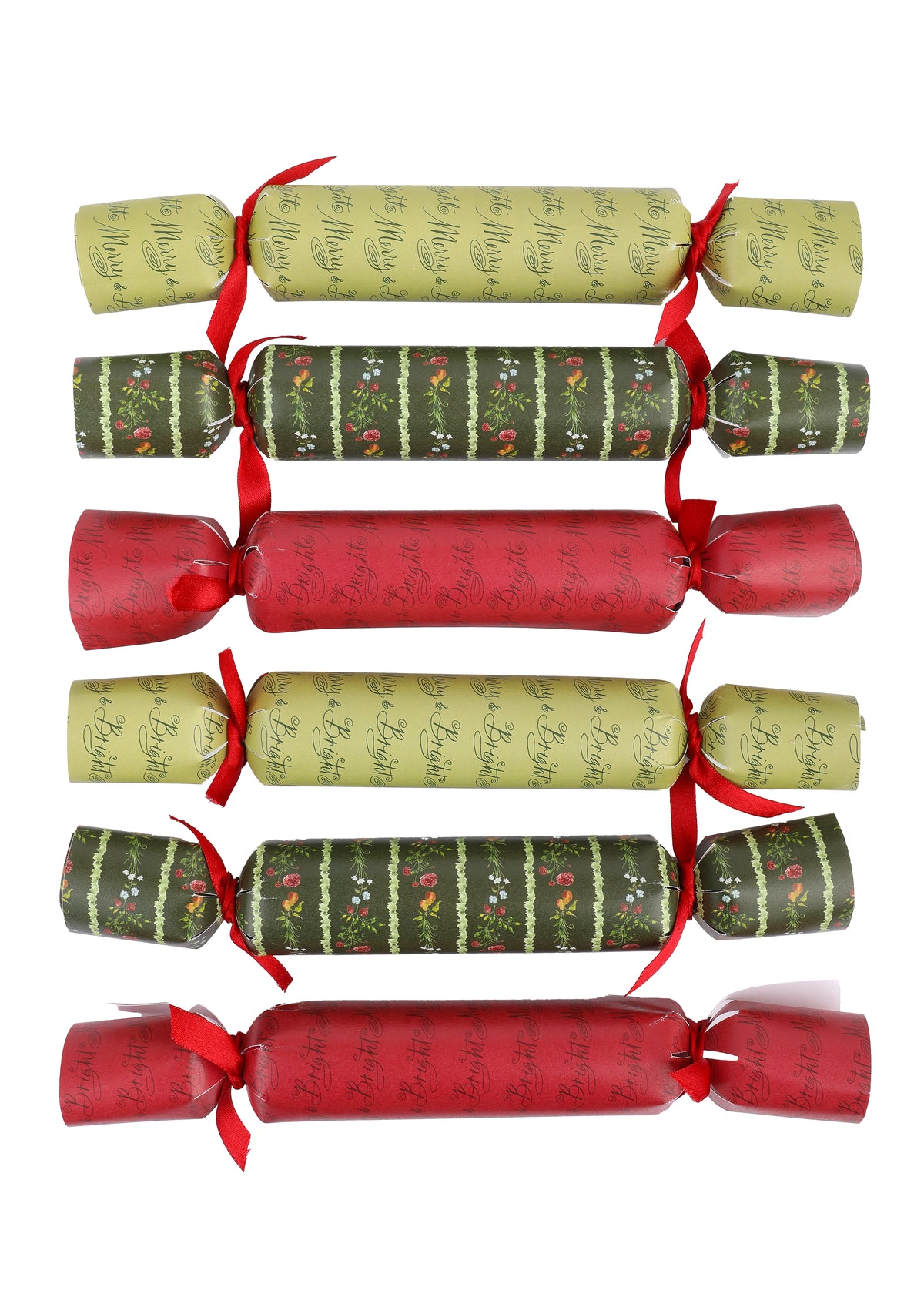 Top view of Christmas Party Crackers, Set of 6 showcasing red and green festive prints on a white background