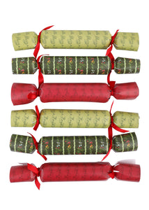 Top view of Christmas Party Crackers, Set of 6 showcasing red and green festive prints on a white background