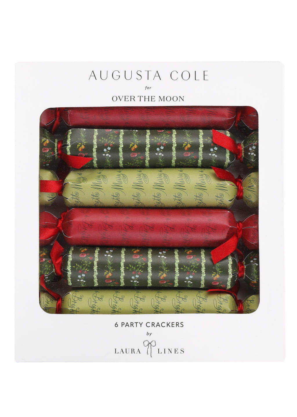 Front view of Christmas Party Crackers Set of 6 showcasing red and green Merry and Bright and floral prints on white background