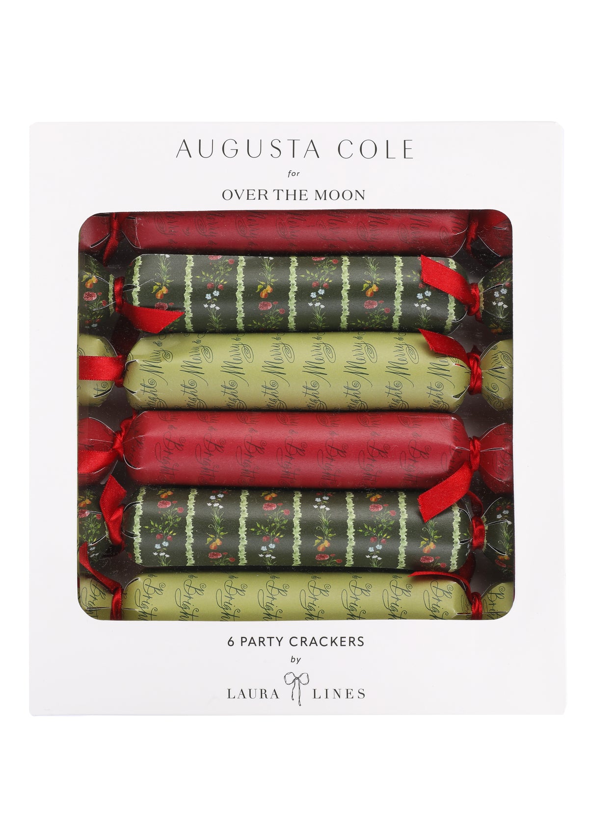 Front view of Christmas Party Crackers Set of 6 showcasing red and green Merry and Bright and floral prints on white background