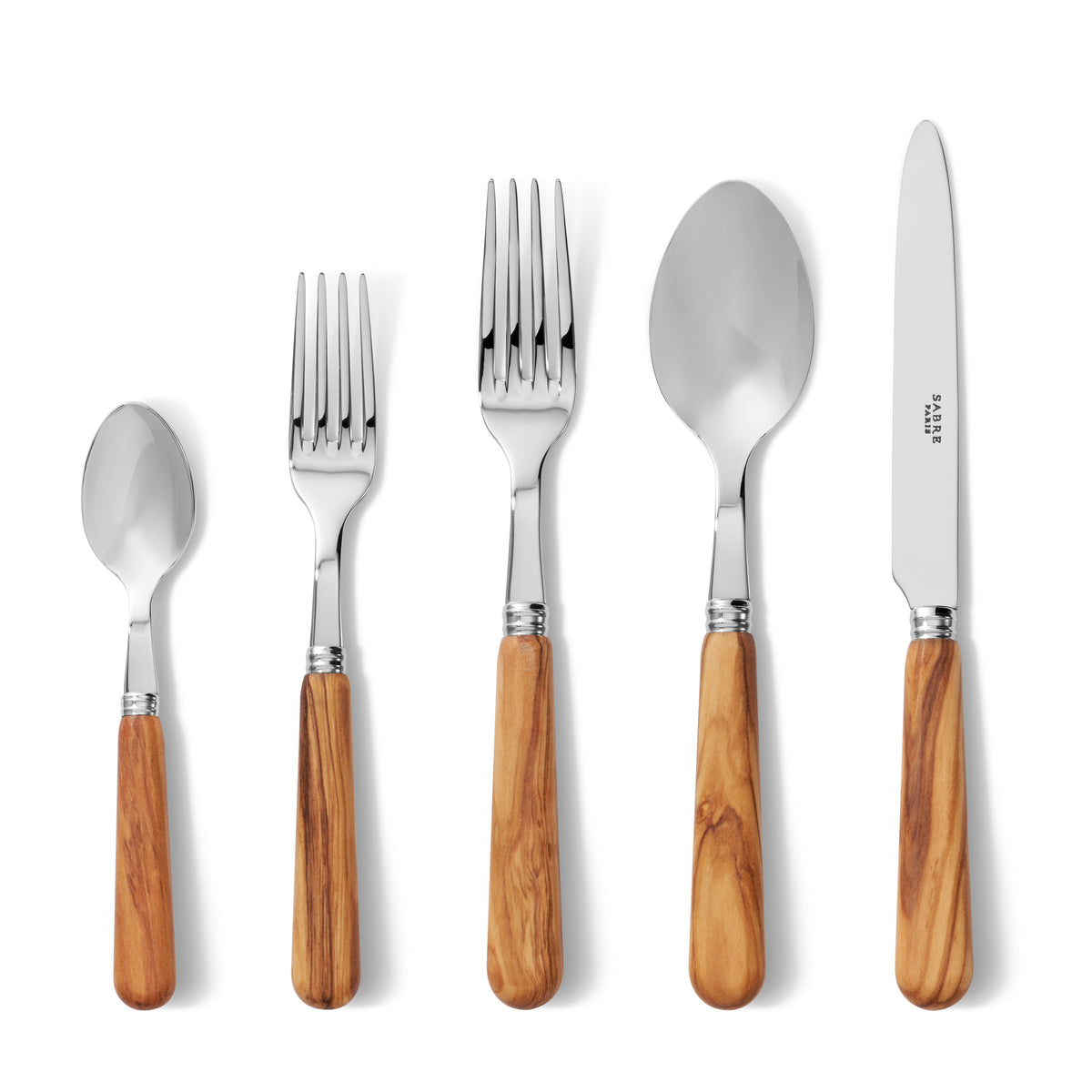 Front view of Olivewood Flatware Set, Set of 5 showing five stainless steel utensils with olivewood handles on white background