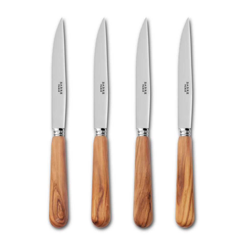 Front view of Olive Wood Steak Knives, Set of 4 showcasing stainless steel blades and wood grain handles on white background