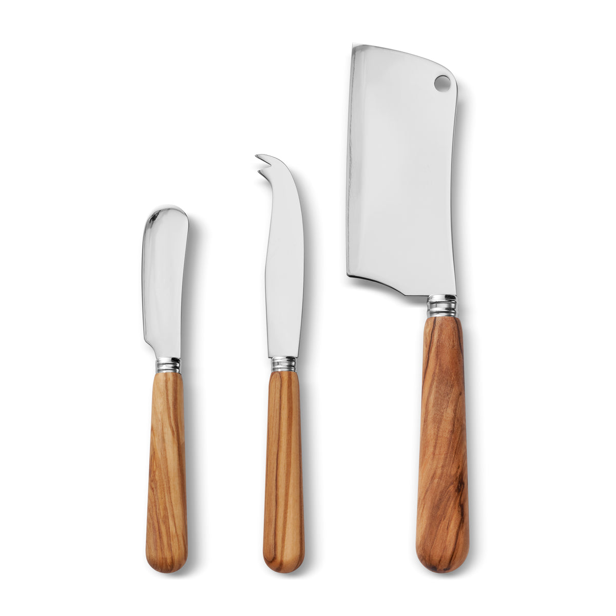 Front view of Olive Wood Cheese Knives, Set of 3 with stainless steel blades and olivewood handles