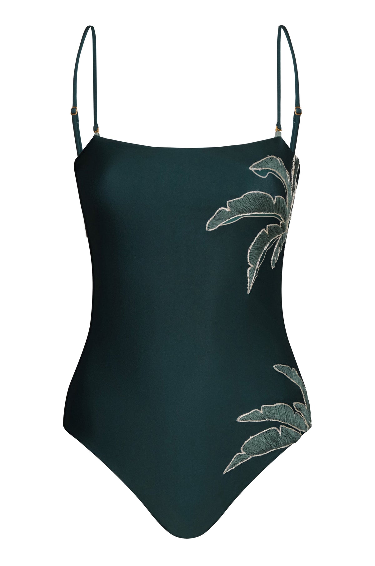 Esteros Hand Embroidered One Piece in Aquamarine Palms & Metallic Mint