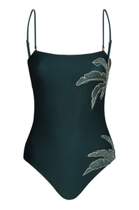 Esteros Hand Embroidered One Piece in Aquamarine Palms & Metallic Mint