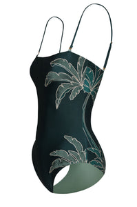Esteros Hand Embroidered One Piece in Aquamarine Palms & Metallic Mint