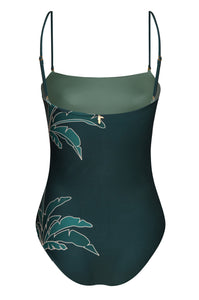 Esteros Hand Embroidered One Piece in Aquamarine Palms & Metallic Mint