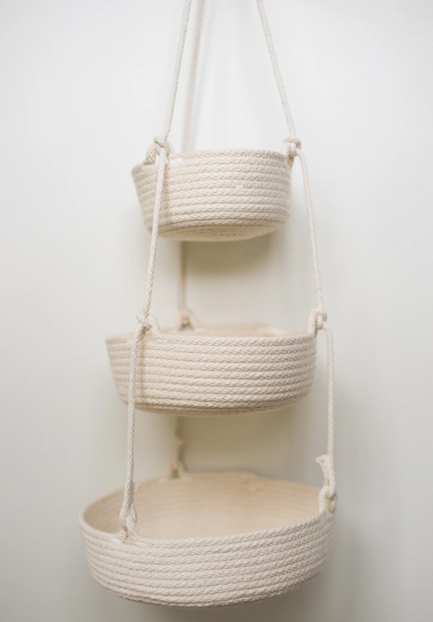 Cotton Rope Multi-Tier Hanging Basket - White