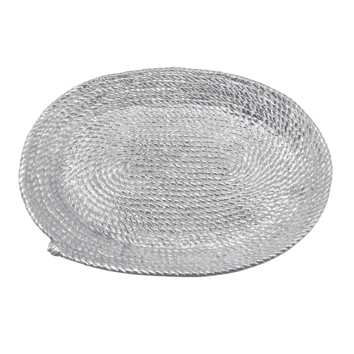 Angled view of Rope Oval Platter showcasing its silver rope-textured surface with a white background