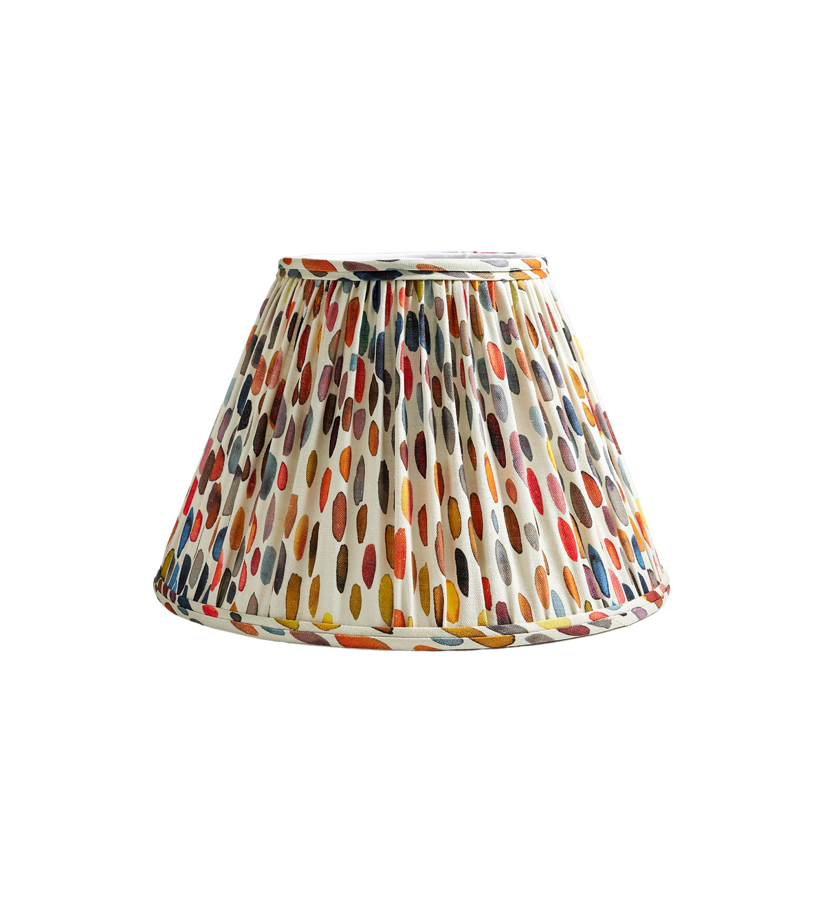 Front view of Jamboree Pleated Shade showcasing multicolored brush-stroke dot pattern on cream fabric against a black background