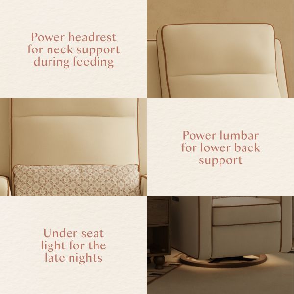 Infographic showing Sigi recliner power headrest for feeding lumbar support and under seat light for late nights