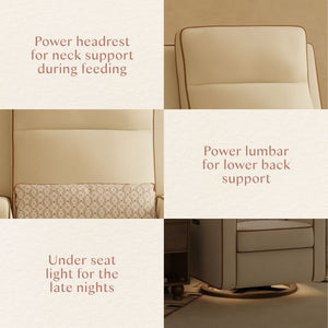Infographic showing Sigi recliner power headrest for feeding lumbar support and under seat light for late nights