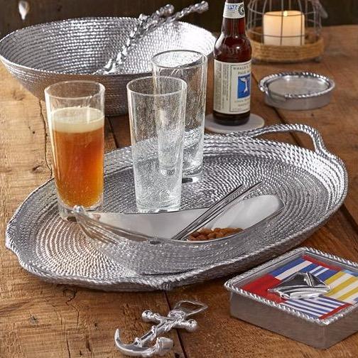 Front view of oversized rope-handled oval tray showcasing braided rope edge and silver aluminum finish on wooden table