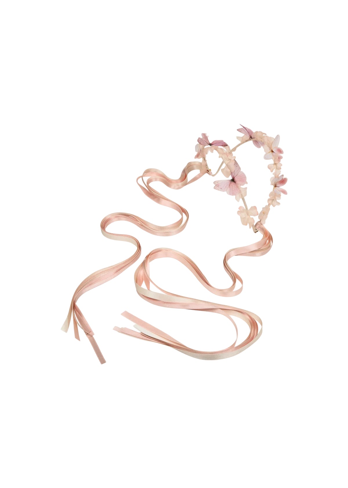 Top view of Georgina Circlet in Peony with organza butterflies, satin flowers, and long pink ribbons on white background