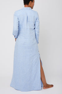 Long Linen Shirt Dress in Light Blue