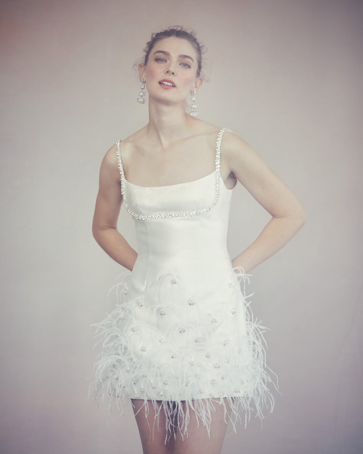 OTM Exclusive: Stella Dress in Ivory Silk Wool with Ostrich Feathers