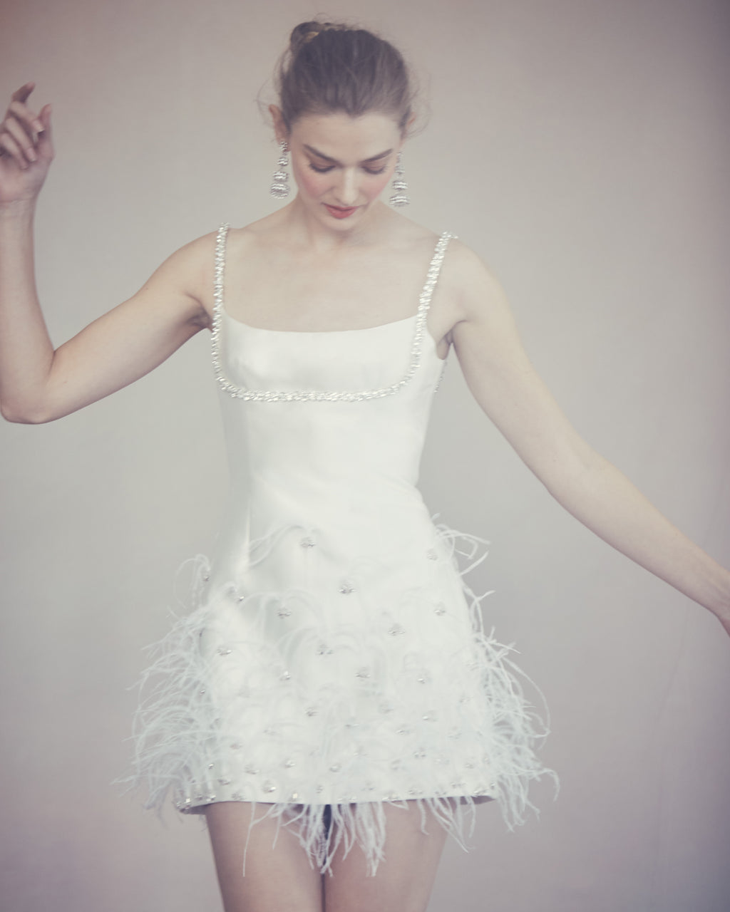 OTM Exclusive: Stella Dress in Ivory Silk Wool with Feathers