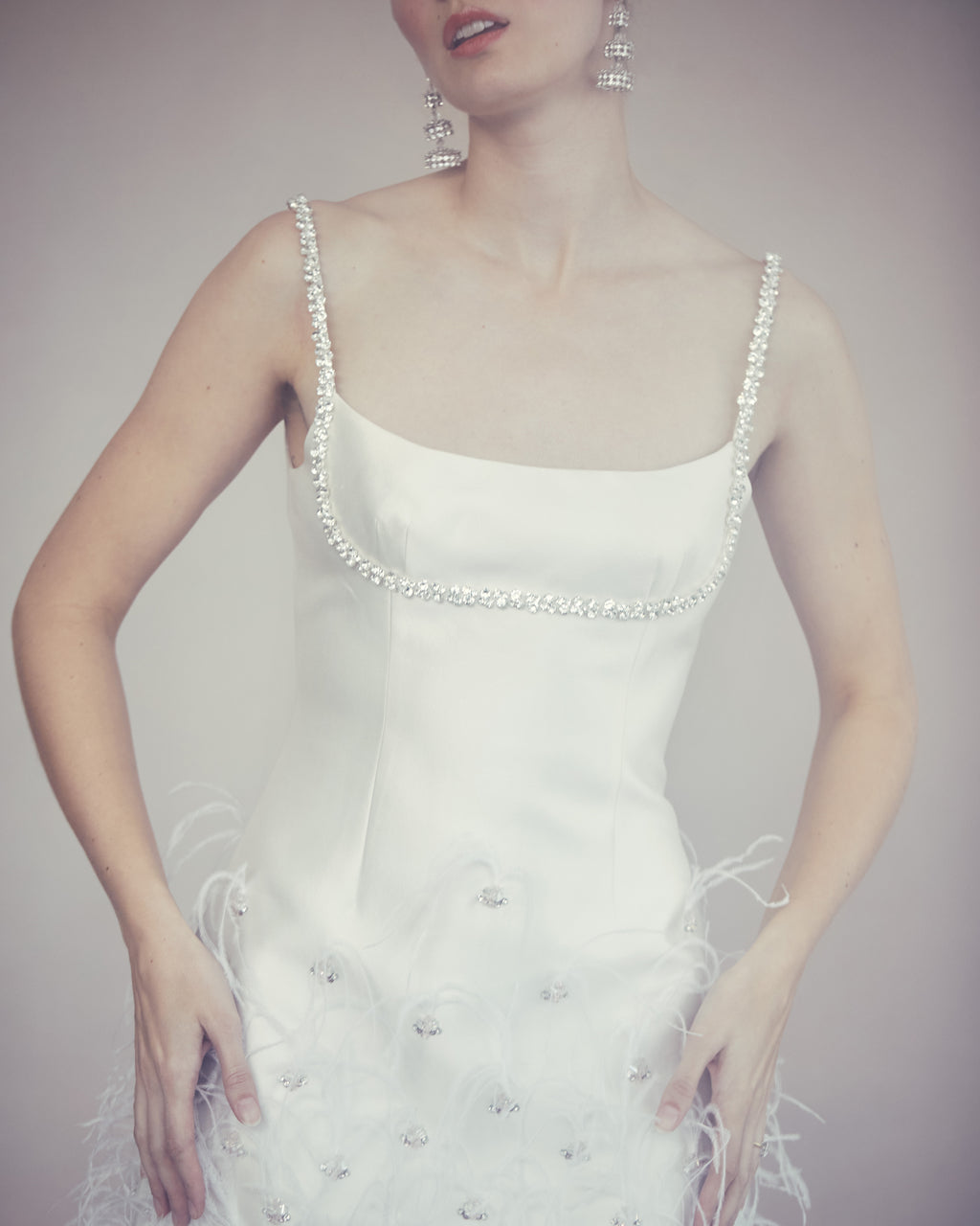 OTM Exclusive: Stella Dress in Ivory Silk Wool with Feathers