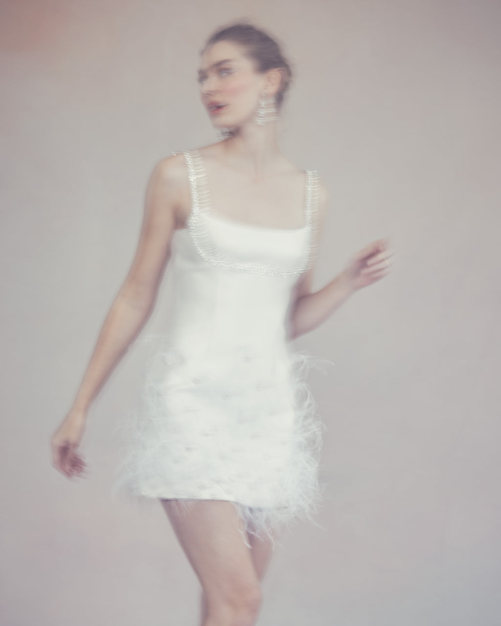 OTM Exclusive: Stella Dress in Ivory Silk Wool with Feathers